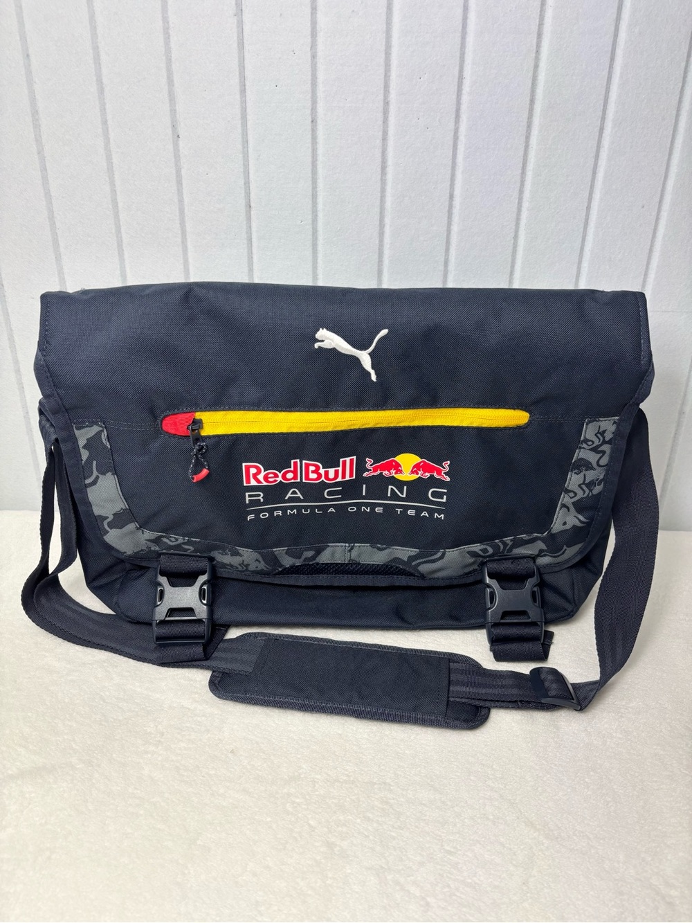 Puma Black Red Bull Racing Messenger Bag with Yellow Zip